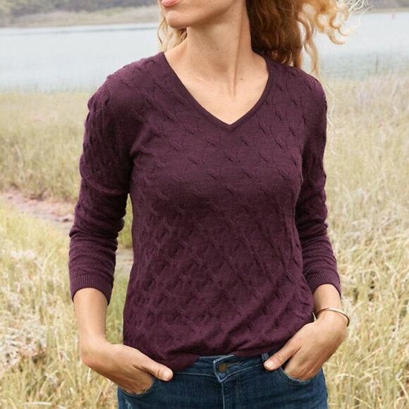 Garnet Hill Dark Purple Alpaca Cable Knit V-Neck Sweater Size S - Picture 1 of 6